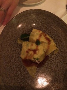 Moreton Bay bug ravioli, kim chi, dashi
