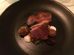Duck, pan seared breast, roast fig, Moroccan salad, smoked yoghurt