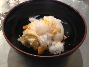 Almond cake, vanilla ice cream, mandarin, plum wine granita