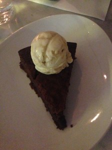Valrhona chocolate almond cake and hokey pokey ice cream