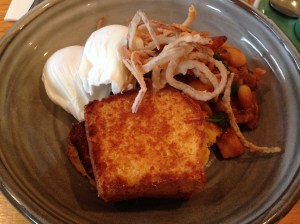 Boston beans, ham hock, poached eggs, corn bread, onion rings