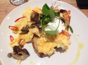 Chilli scrambled eggs with local seasonal mushrooms and feta on toast