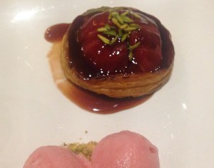 Five-spice quince tarte tatin with pistachio frangipane and rhubarb & strawberry gelato