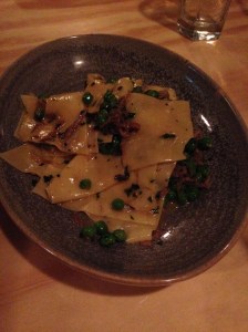 Torn pasta, with lamb and peas