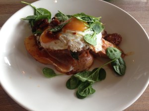 Potatas bravas, chorizo, jamon, fried eggs, spinach