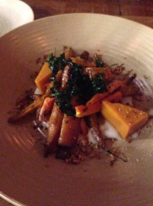 cumin roasted carrots, almond, ginger, carrot tofu