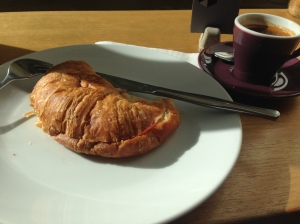 Ham and cheese croissant and long black coffee