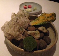 Iced oyster Beef tendon and mountain pepper Globe artichoke Radish and fermented cream