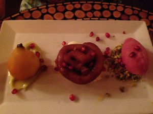 Saffron zoulbia, sekel pear, pomegranate sorbet and pistachios