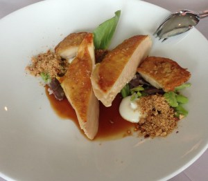 Roast chicken, bay leaf cream, broad beans and gizzards