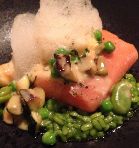 Atlantic salmon, parsley risotto, prawn, broadbean and peas