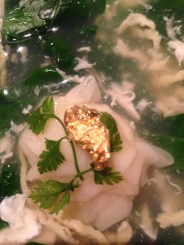 Braised vegetable soup with lobster wanton and shredded chicken