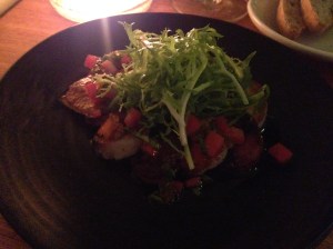 Grilled scallops, chorizo, salmon roe, basil