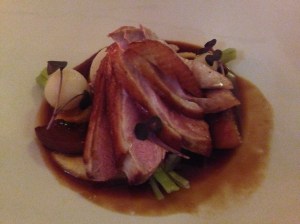 Roasted duck breast, turnip, peach, port