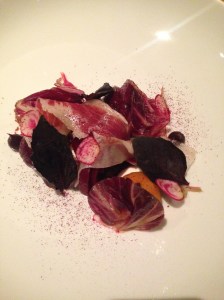 Slow roasted organic beetroot, radicchio butter, palette jam on iberico, sheeps milk curd, beetroot juice, pomegranate crumb