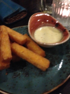 Polenta chips with gorgonzola dipping sauce