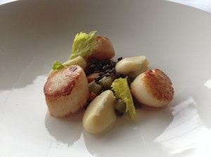 Pan seared scallops, lentil salad, parsnip puree, bitter leaves