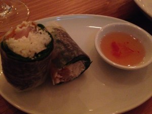 Rice paper roll, bonito, coconut, perilla