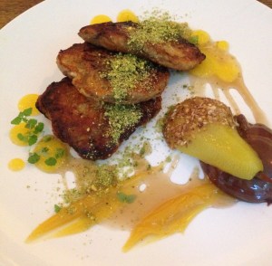 Pink Lady apple, buckwheat & ricotta pancakes, nutella, orange, spiced pear, mandarin gel, pistachio crunch