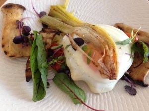 # Hash House made potato hash w king oyster mushrooms, charred baby leek, sauce vierge, fried egg & truffle oil