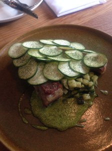 Lamb flank, courgette, pistachio, broad beans & mint