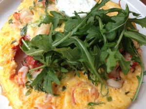 Mild Chilli Prawn Omelette with sautéed piperade, goats cheese & rocket