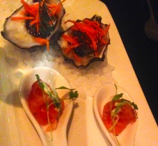 Starters included Gin cured salmon fillet, cucumber remoulade; and oyster natural with pickled carrot salad