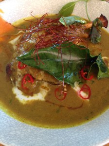 Tumeric duck curry with kipflers, sweet potato puree and roti