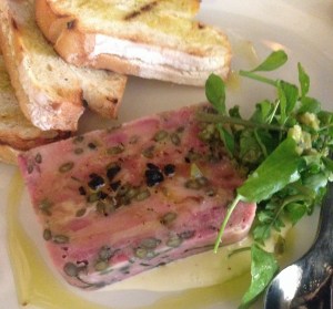 Smoked pork hock terrine and lentils with lemon cream