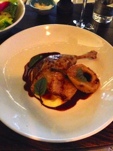 Confit duck leg, parsnip puree, honeyed pear, sorrel
