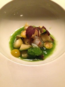 Scampi with grilled cucumber and sherry dressing