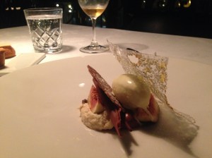 Valhrona chocolate with macadamia, glazed fig, malt and peach leaf ice cream