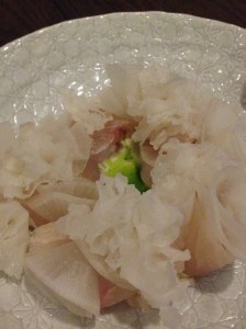 Hiramasa kingfish, leeks, cloud fungi, radish, burnt garlic and ginger, white soy cream