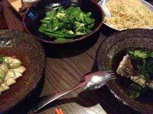 Steamed cone bay Barramundi, Ginger and shallot Sauce; Silken white cut chicken, hainan style garnish; Stir Fried Jade vegetables, New season, snowpeas, sugar snaps and broccoli