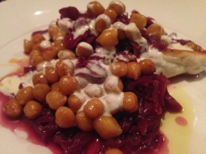 Oven baked snapper fillet, soused red cabbage, harissa spiced chickpeas, yoghurt sauce