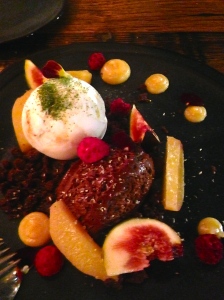 Roasted quinces, chocolate, plums and chestnuts, fig & mascarpone ice cream, fig leaf