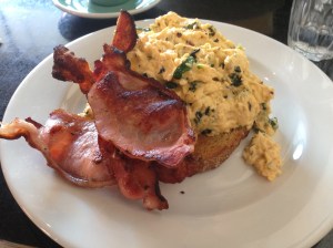 Free range scrambled eggs, with parmesan, cavolo nero, soft herbs and chilli