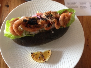 Charcoal Australian king prawn roll with cos, celery, apple and mayo